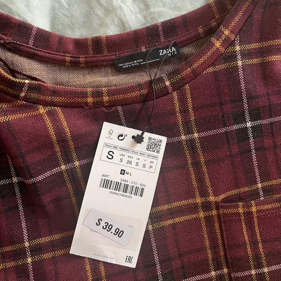Zara Oversized Boxy Maroon Plaid Short Sleeved Dress. Size Small - Picture 5 of 6